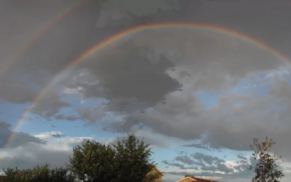 2K Quad HD PC desktop wallpaper of Arizona nature: vibrant rainbow arching across a stormy sky above trees and rooftop silhouettes.