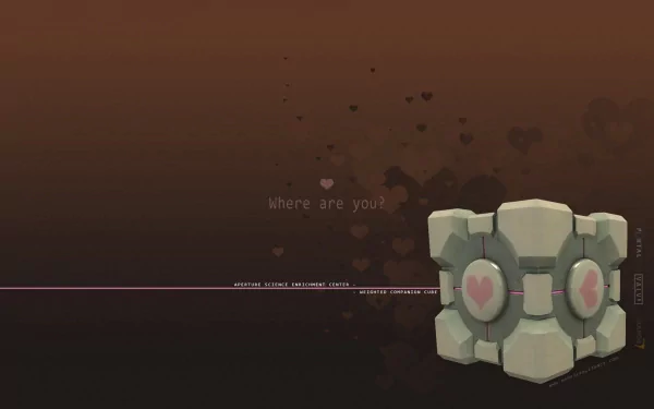 HD PC desktop wallpaper featuring the Companion Cube from the Portal video game, set against a dark, minimalist background with the text Where are you?