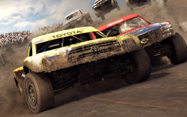 HD PC desktop wallpaper from the video game DiRT 3 showing intense off-road racing with muddy Toyota trucks competing on a dirt track.