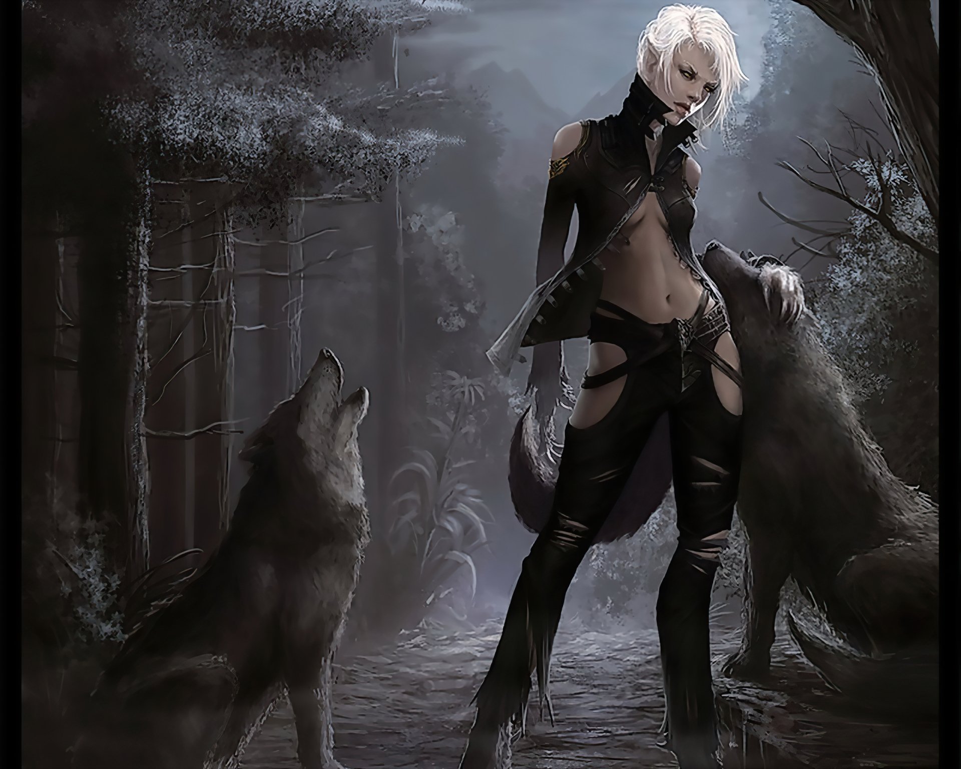 A dark-themed HD wallpaper featuring a woman standing confidently in a forest, flanked by two howling wolves, creating an intense and mysterious atmosphere.