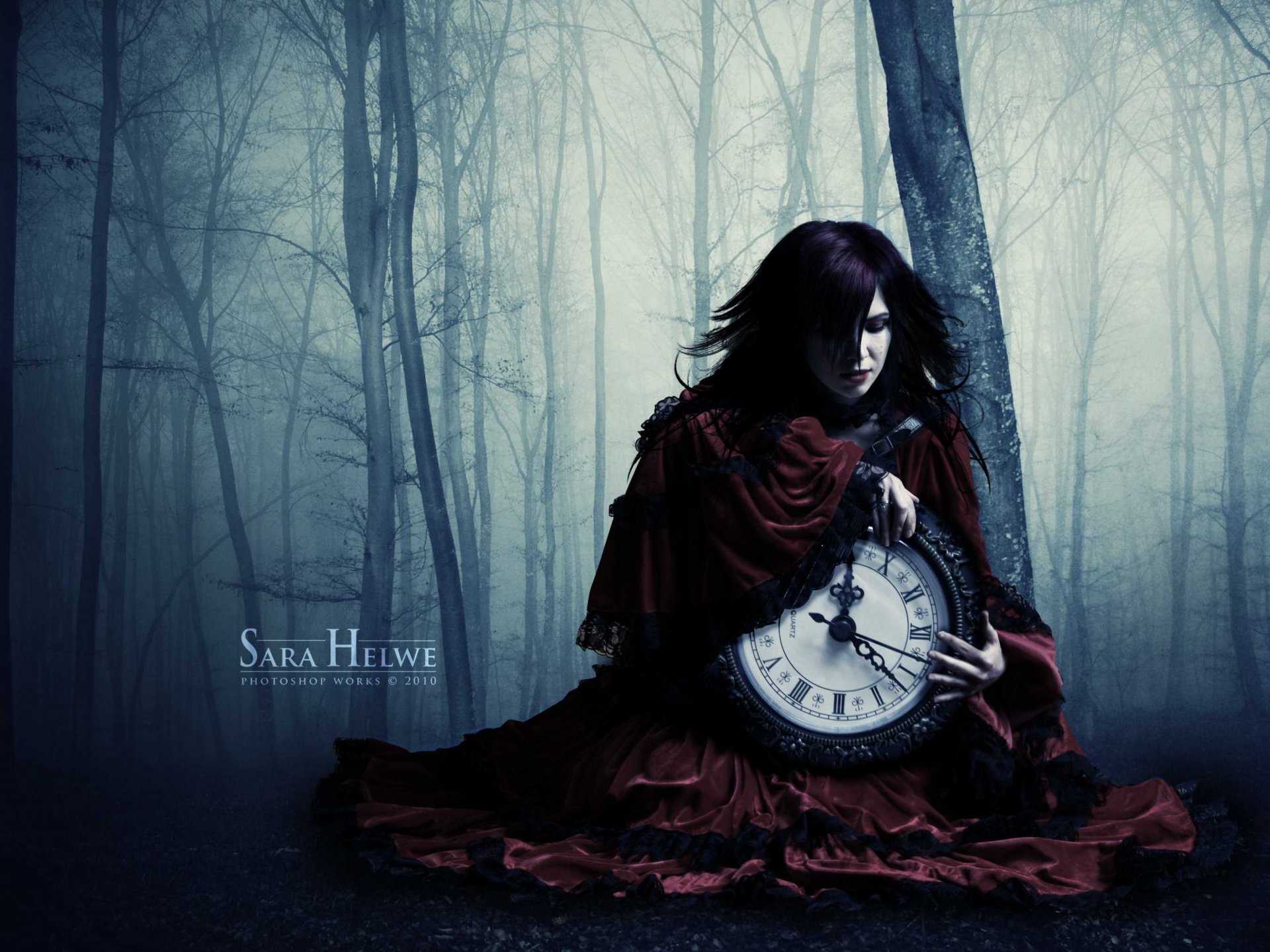 A dark, ethereal scene featuring a woman in a flowing red dress, sitting in a misty forest while holding a large clock, creating a mysterious and haunting atmosphere.