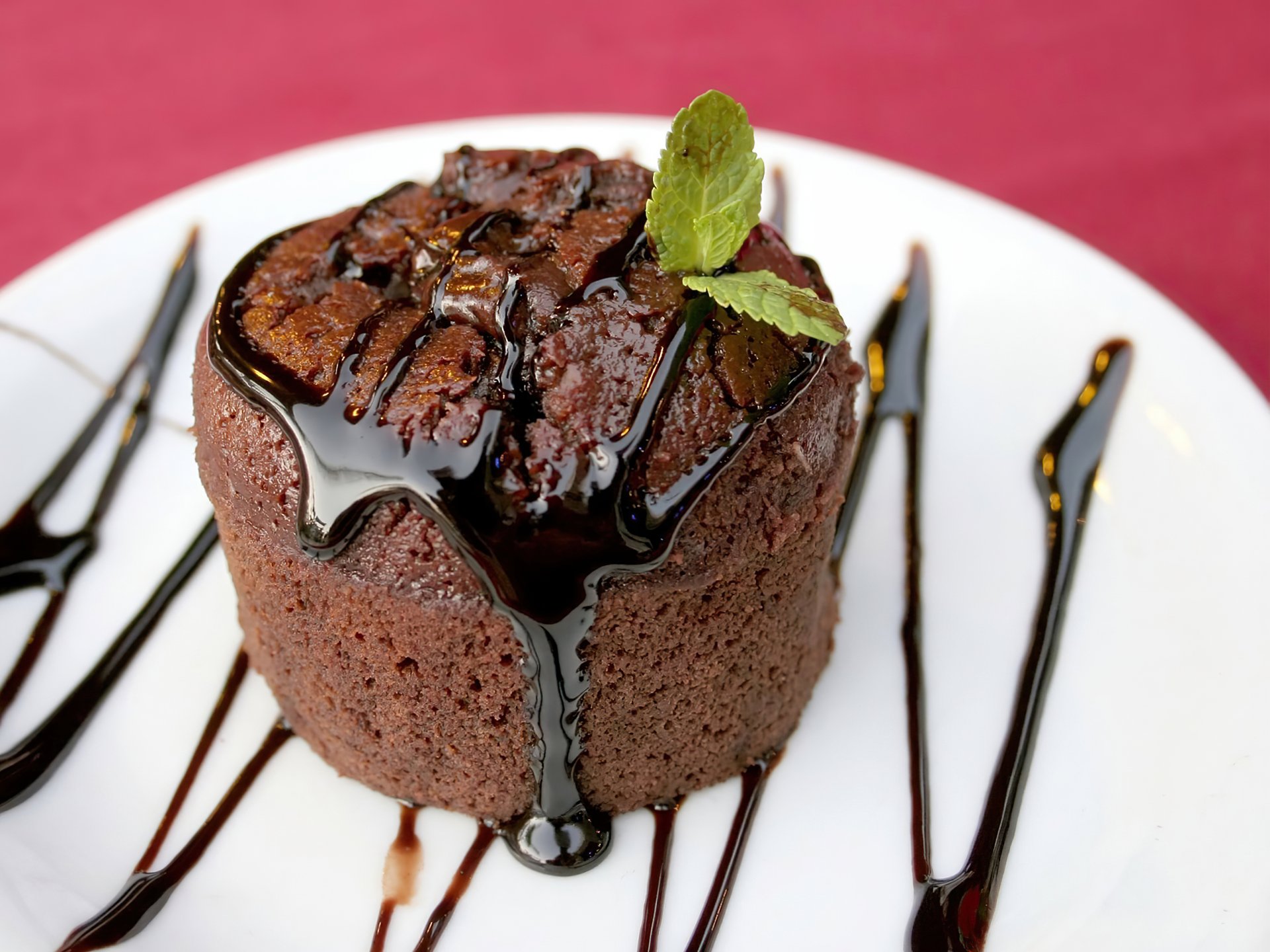 HD PC desktop wallpaper featuring a rich chocolate dessert drizzled with sauce and garnished with fresh mint leaves on a white plate.