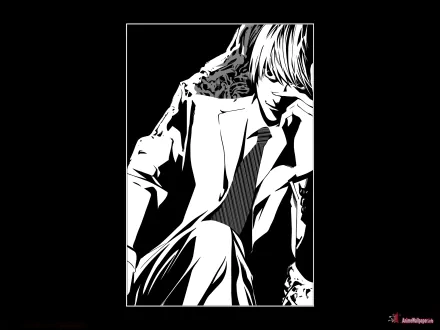 HD wallpaper featuring Light Yagami from the anime Death Note, showcasing a striking black and white design as he sits thoughtfully in a stylish suit.