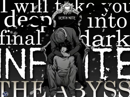 HD wallpaper featuring characters from the anime Death Note. The image showcases a striking interplay of light and dark with bold text elements enhancing its dramatic impact.