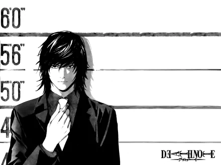 The image features Teru Mikami from the anime Death Note, depicted in black and white against a height chart, making for a striking HD desktop wallpaper.