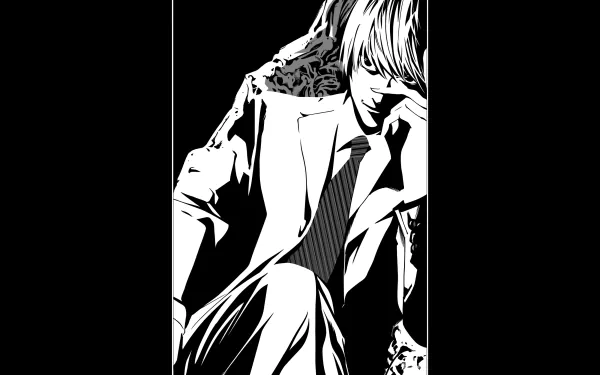 HD wallpaper featuring Light Yagami from the anime Death Note, showcasing a striking black and white design as he sits thoughtfully in a stylish suit.