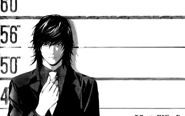 The image features Teru Mikami from the anime Death Note, depicted in black and white against a height chart, making for a striking HD desktop wallpaper.