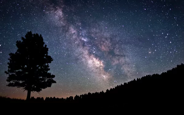 A stunning HD desktop wallpaper featuring the Milky Way, illuminated against a dark sky, with a silhouette of a tree and distant hills creating a serene sci-fi atmosphere.