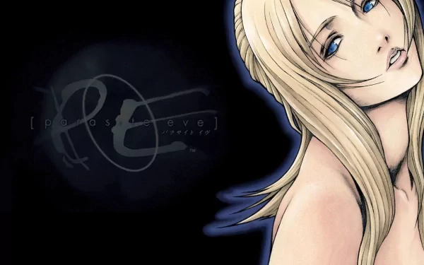 HD PC desktop wallpaper featuring a close-up illustration of a blonde woman from the video game Parasite Eve against a dark background with the game’s logo.