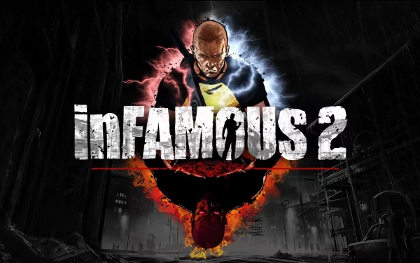 A vibrant HD wallpaper featuring characters and elements from the video game inFAMOUS 2, showcasing dynamic contrasts of electricity and fire against a dark urban backdrop.