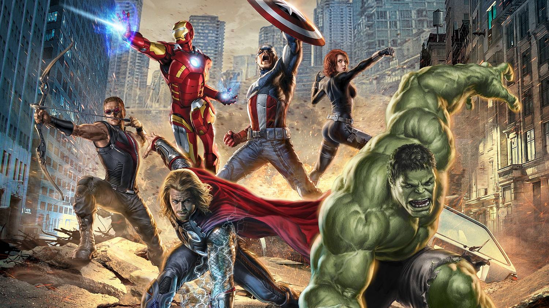 The mighty Avengers stand united: Thor, Hawkeye, Iron Man, Hulk, Black Widow, and Captain America.