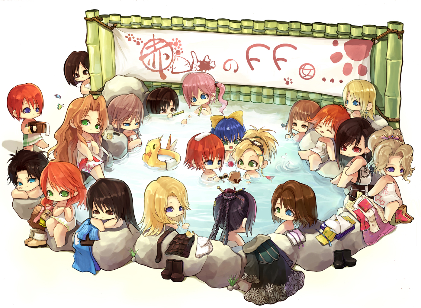 This image showcases a vibrant desktop wallpaper featuring various Chibi characters from popular video game franchises like Final Fantasy and Kingdom Hearts.