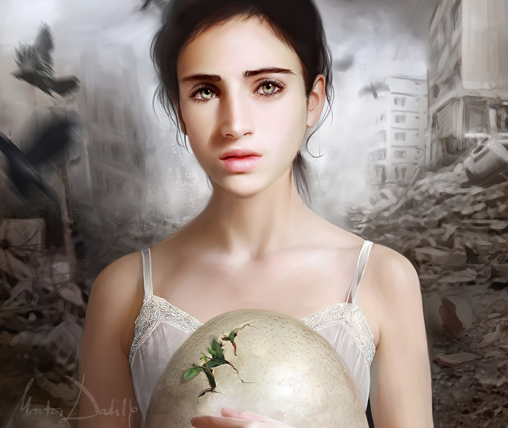 HD fantasy PC desktop wallpaper featuring a woman with a solemn expression holding a cracked globe, set against a background of ruined buildings and birds in flight.