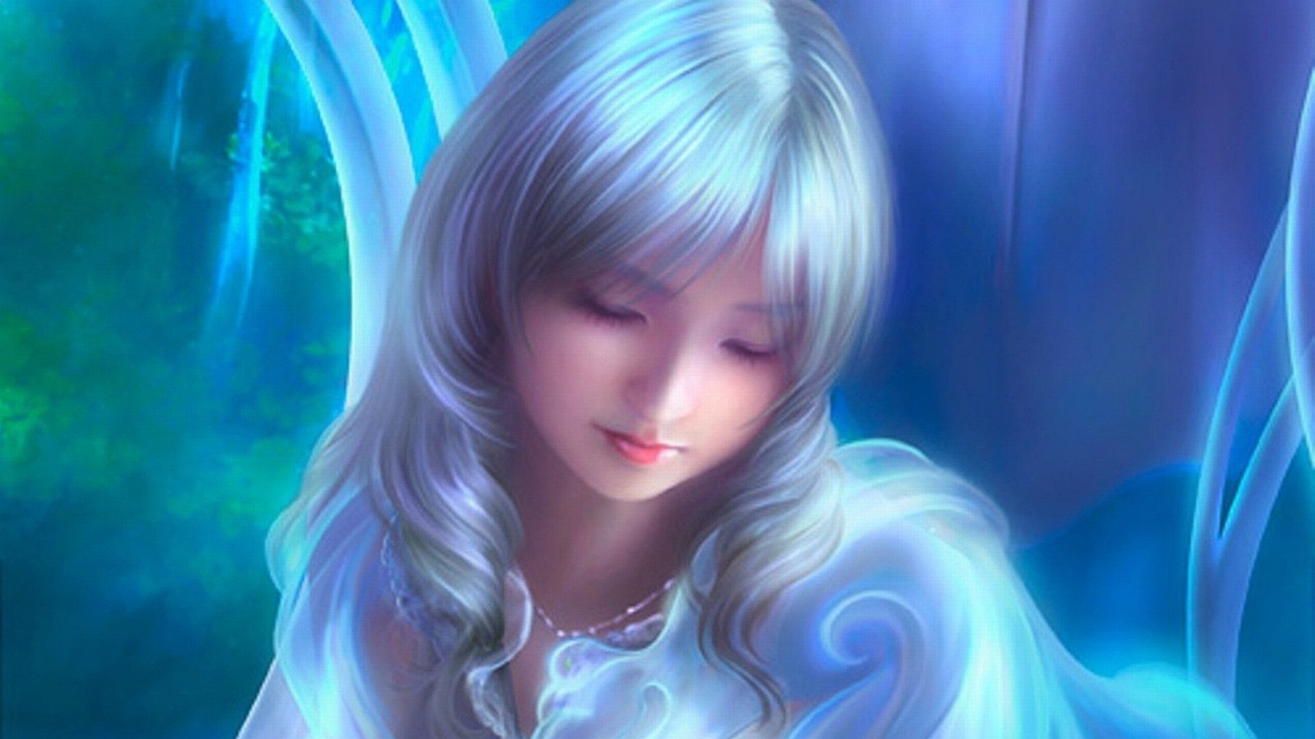 A fantasy-themed HD desktop wallpaper featuring a serene woman with long, flowing silver hair, surrounded by ethereal blue hues and soft light, creating a tranquil atmosphere.