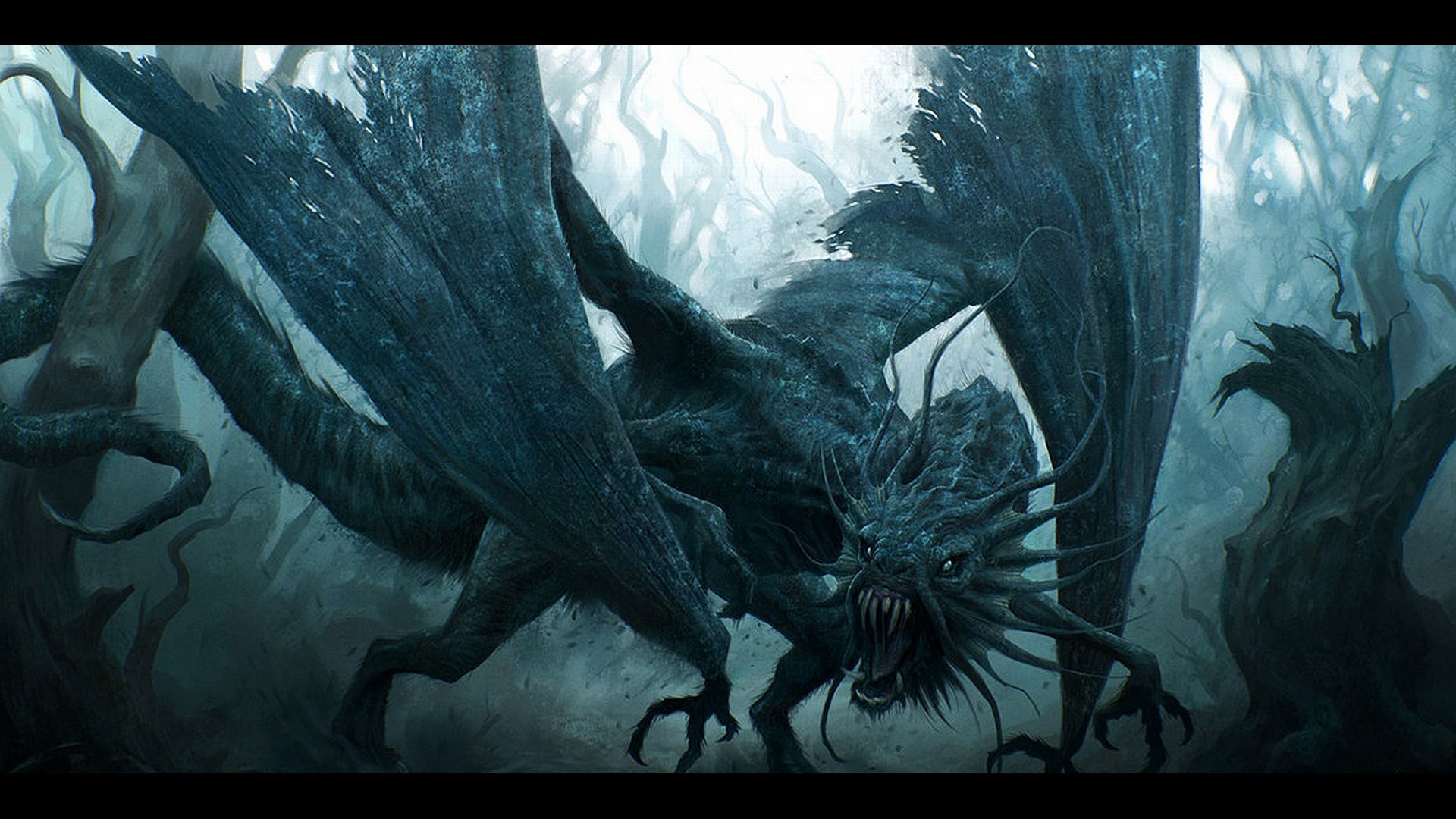 HD fantasy desktop wallpaper depicting a dark, menacing Jabberwocky creature from Alice in Wonderland amid twisted, eerie forest scenery.