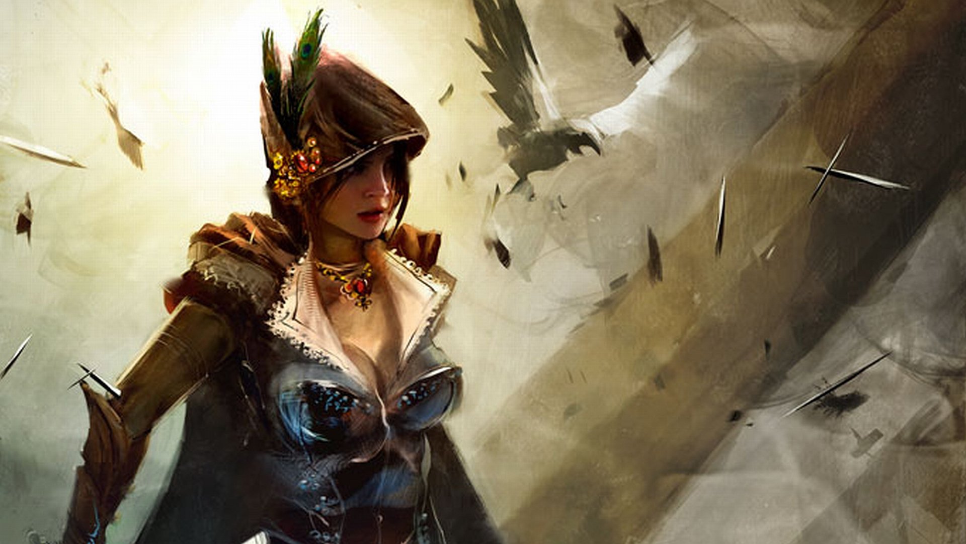 HD PC desktop wallpaper featuring a detailed Guild Wars 2 female character in a feathered hood with birds flying in a dramatic, painterly video game scene.