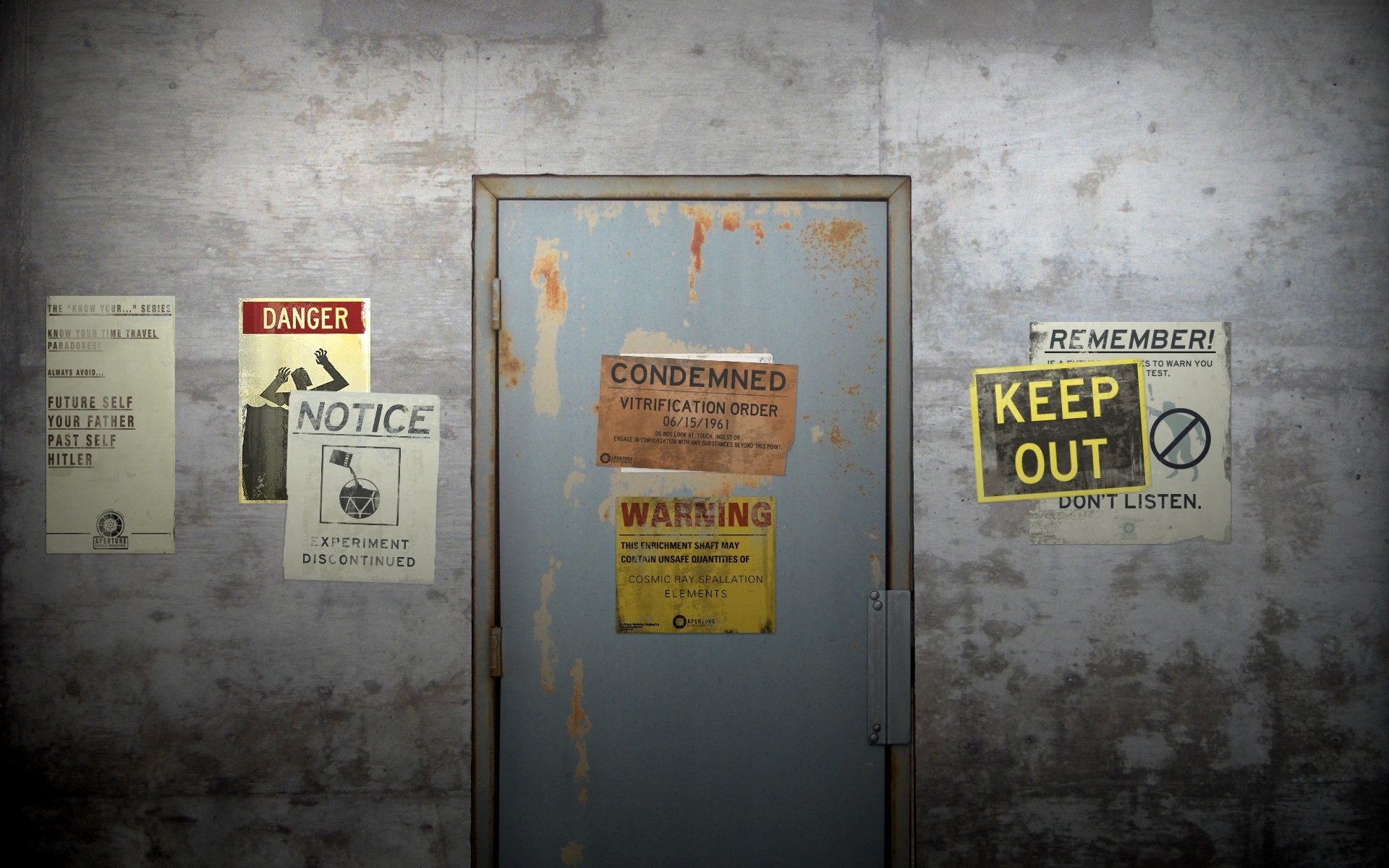 HD PC desktop wallpaper from the video game Portal 2 featuring a worn, metal door with multiple warning and keep out signs on a concrete wall.