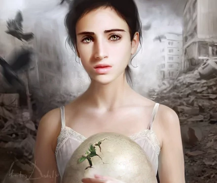 HD fantasy PC desktop wallpaper featuring a woman with a solemn expression holding a cracked globe, set against a background of ruined buildings and birds in flight.