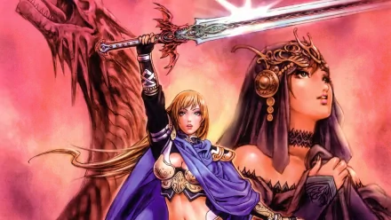 Anime HD PC desktop wallpaper by Shunya Yamashita: a blonde warrior raises a glowing sword beside a regal, jeweled queen with a dragon silhouetted behind them.