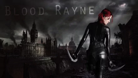 A striking HD wallpaper featuring a character from the video game BloodRayne, set against a dark London backdrop, showcasing model Susan Coffey in a dramatic latex outfit.