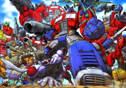 Transformers comic-style HD wallpaper featuring Optimus Prime, Megatron, Bumblebee, and other Autobots in an action-packed scene. Vibrant colors and dynamic poses enhance the epic battle atmosphere.