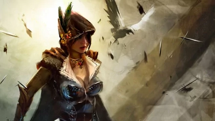 HD PC desktop wallpaper featuring a detailed Guild Wars 2 female character in a feathered hood with birds flying in a dramatic, painterly video game scene.