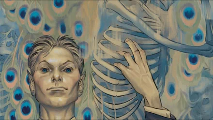 HD PC desktop wallpaper featuring a comic-style illustration inspired by Buffy the Vampire Slayer, showing a confident character beside a skeletal figure with an abstract background.