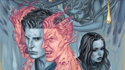 HD comic-style Buffy the Vampire Slayer desktop wallpaper featuring stylized portraits of key characters with a dark, supernatural atmosphere.