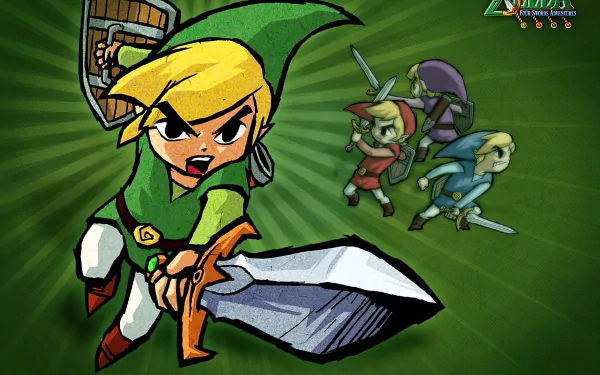 Video game art from The Legend of Zelda: Four Swords Adventures — cartoon Link lunges with a giant sword as three colored Links trail on a green radial 2K Quad HD PC wallpaper background.