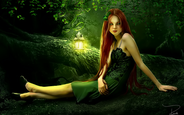 Fantasy Women Green Forest Log Lantern Green Eyes Long Hair Green Dress HD Wallpaper | Background Image