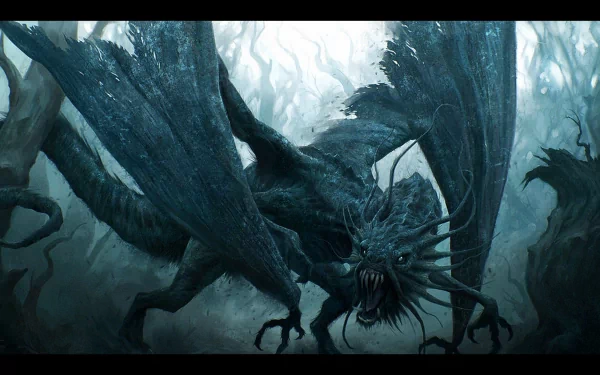 HD fantasy desktop wallpaper depicting a dark, menacing Jabberwocky creature from Alice in Wonderland amid twisted, eerie forest scenery.