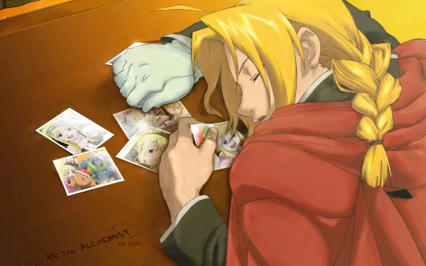 Edward Elric from Fullmetal Alchemist rests on a table, surrounded by colorful photos, exuding a sense of nostalgia in this HD anime wallpaper.