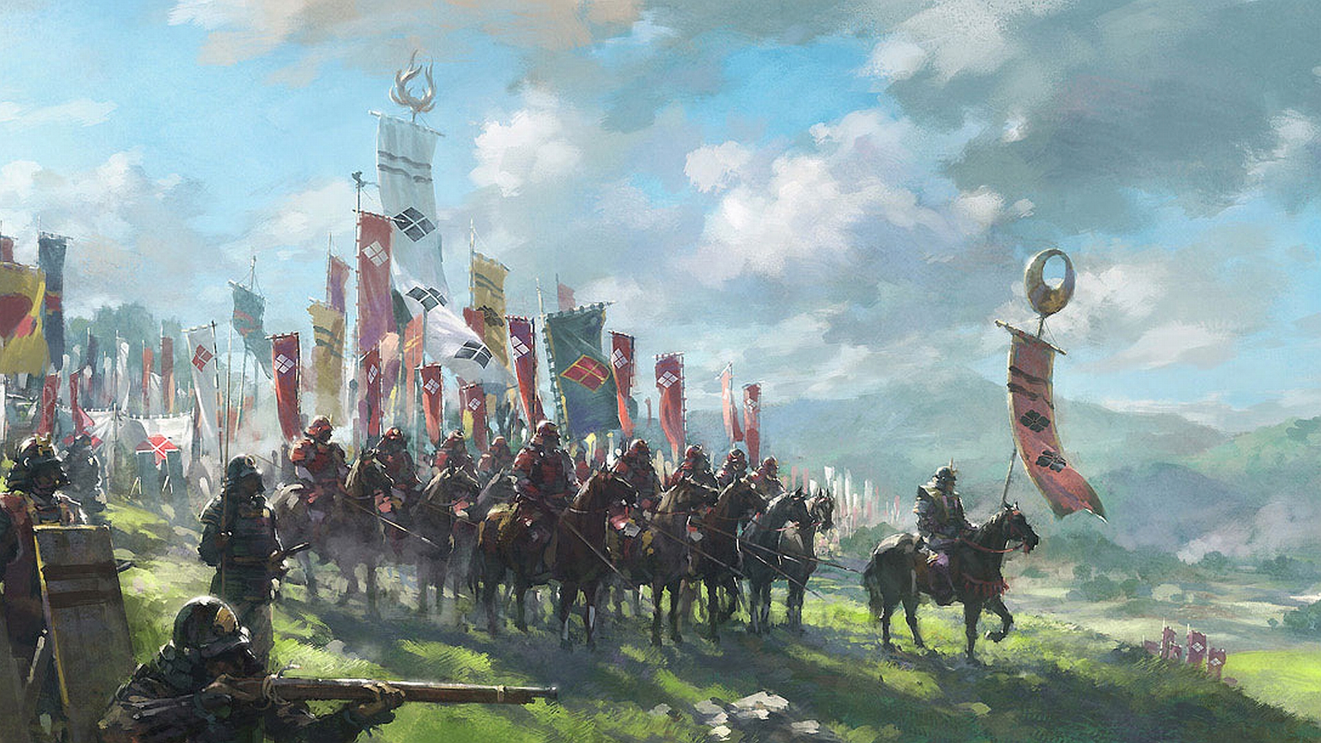 Fantasy samurai warrior standing against a scenic backdrop in this captivating desktop wallpaper.