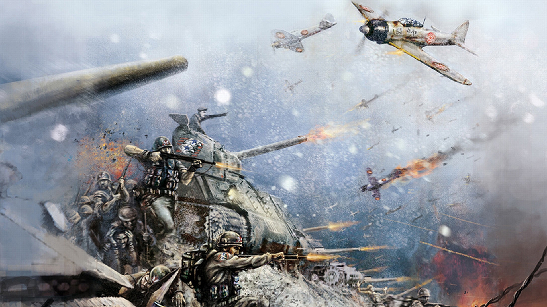 Military battle scene wallpaper. Powerful soldiers engage in intense combat.