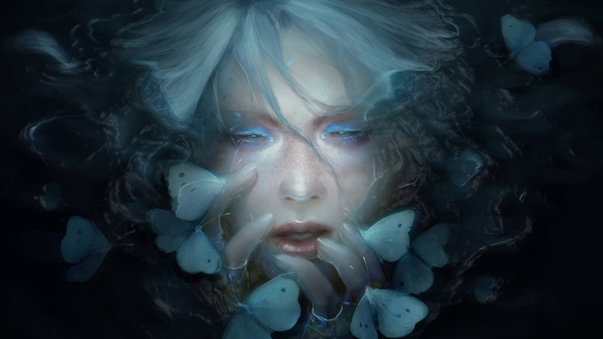 HD fantasy PC desktop wallpaper featuring a mystical woman with glowing eyes surrounded by ethereal blue butterflies in a dark, dreamlike atmosphere.