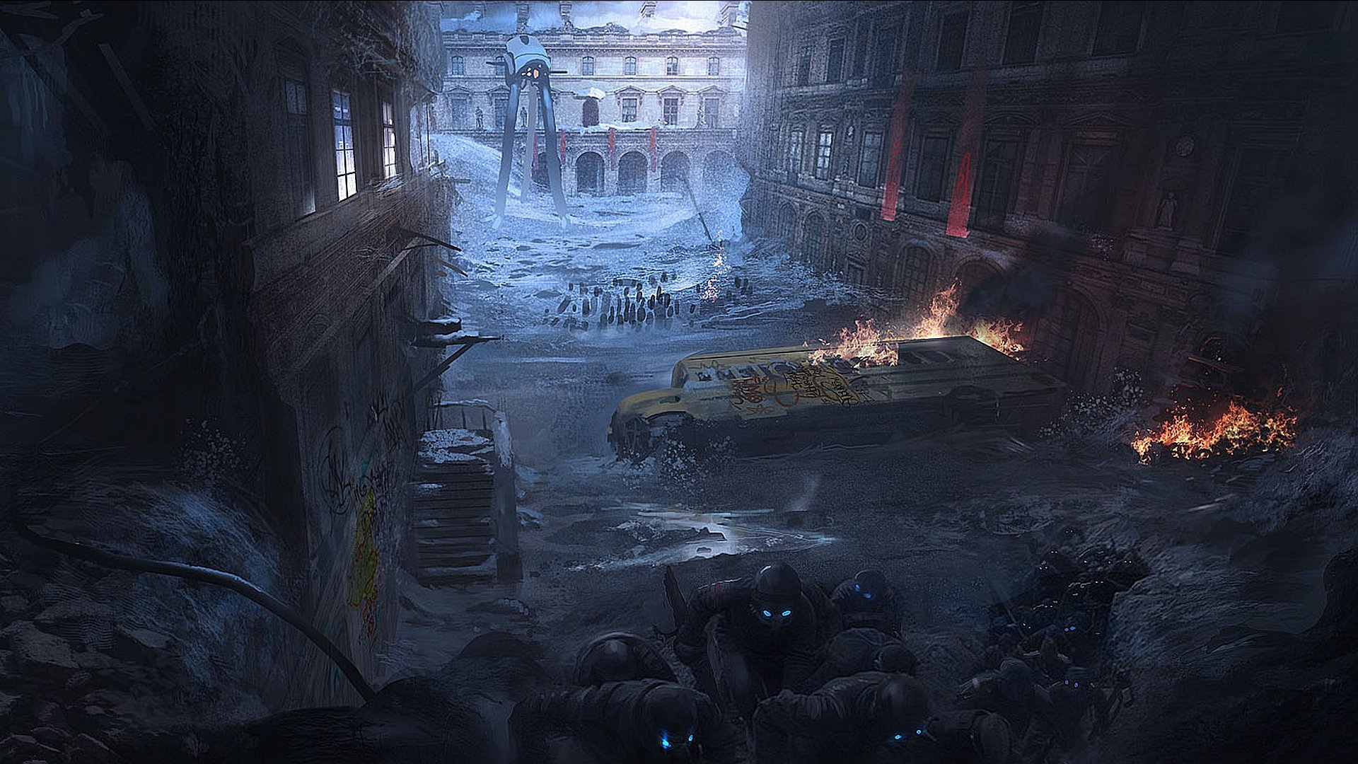 Dark fantasy HD PC desktop wallpaper: a ruined, icy city square under blue light and flames, armored silhouettes and glowing-eyed creatures prowling among wrecked vehicles and smoke.