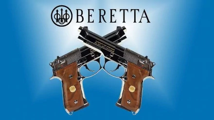 HD desktop wallpaper featuring two crossed man-made Beretta pistols on a blue gradient background with the Beretta logo and text above.