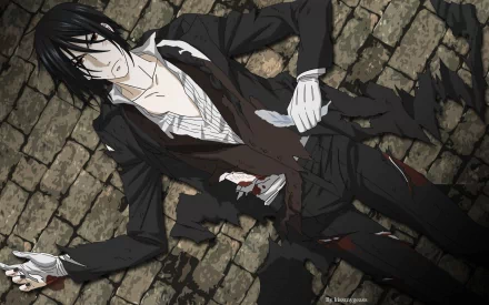 A striking HD wallpaper from the anime Black Butler, featuring a character lying on cobblestones, dressed in a black suit with a dramatic pose and a haunting atmosphere.