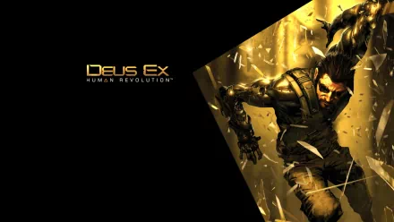 HD PC desktop wallpaper featuring a striking image from the video game Deus Ex: Human Revolution with its title and a dynamic character in gold and black tones.