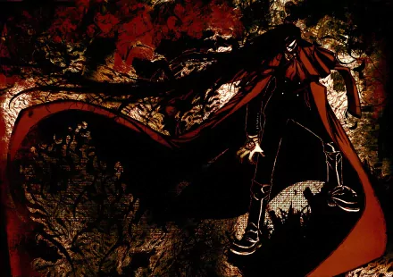 Alucard from Hellsing stands menacingly in this HD anime wallpaper, surrounded by a dark and intricate backdrop that enhances the gothic atmosphere.