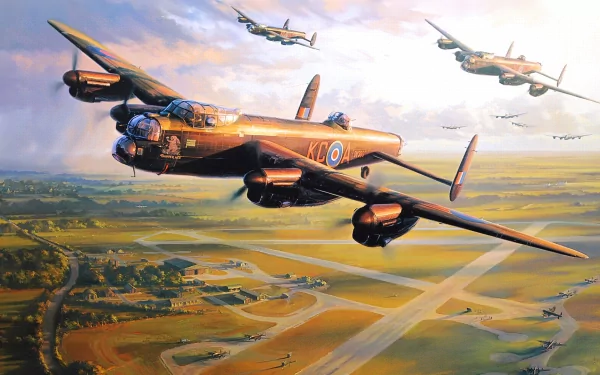 HD PC desktop wallpaper of a military Avro Lancaster bomber flying low over an airfield at sunset, flanked by additional Lancasters in tight formation.