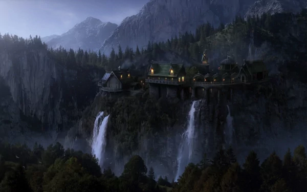 HD fantasy wallpaper depicting a serene mountain landscape from The Lord Of The Rings, featuring a picturesque elven city illuminated by glowing lights and framed by cascading waterfalls amidst lush greenery.