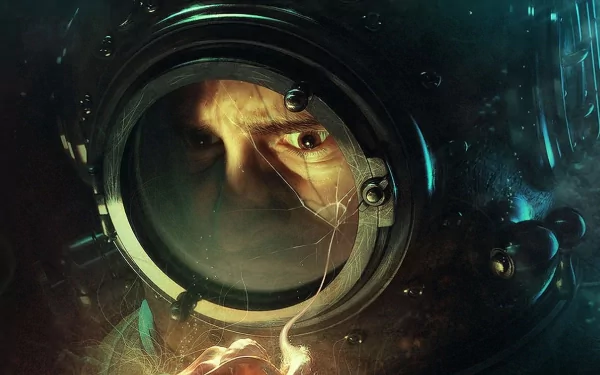 HD PC desktop wallpaper of a fantasy underwater scene featuring a diver with a cracked helmet, illuminated by mysterious glowing light.
