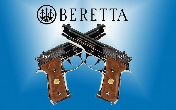 HD desktop wallpaper featuring two crossed man-made Beretta pistols on a blue gradient background with the Beretta logo and text above.