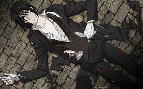 A striking HD wallpaper from the anime Black Butler, featuring a character lying on cobblestones, dressed in a black suit with a dramatic pose and a haunting atmosphere.