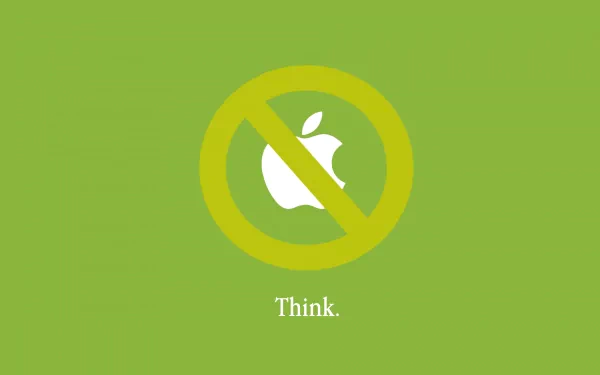 HD desktop wallpaper featuring a green background with a prohibited sign over the Apple Inc. logo. Below the logo, the word Think. is displayed. Tags: Apple Inc., technology.