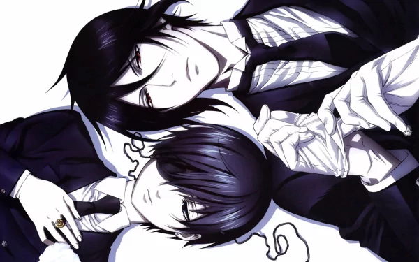 Anime HD desktop wallpaper of two characters from Black Butler, dressed formally, lying down with expressions of calmness and contemplation. Background is white, enhancing the detailed illustrations.