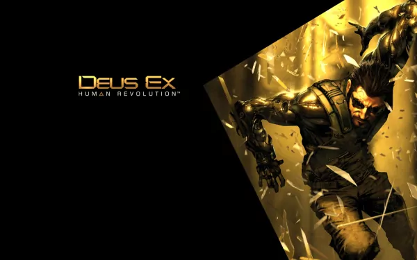 HD PC desktop wallpaper featuring a striking image from the video game Deus Ex: Human Revolution with its title and a dynamic character in gold and black tones.