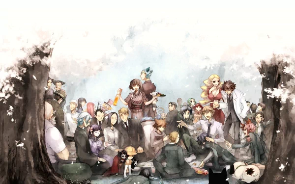 An HD anime wallpaper featuring a vibrant scene with various characters gathered under cherry blossom trees, exuding a lively and serene atmosphere.