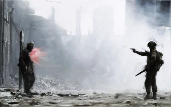 HD desktop wallpaper and background featuring an artistic depiction of two soldiers in combat, one shooting at the other amidst a smoky, war-torn landscape.
